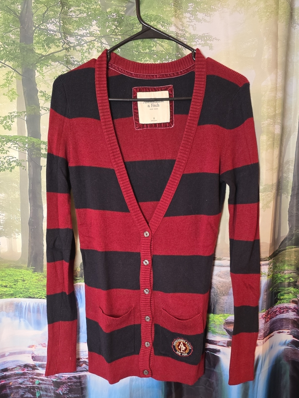 Abercrombie & Fitch Red and Black Striped V-Neck Cardigan